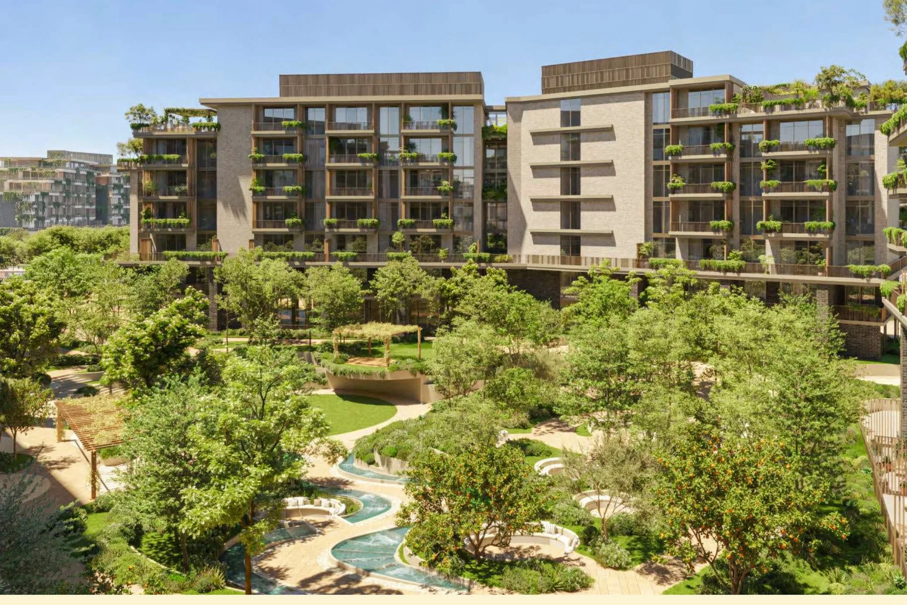 Central green valley and buildings