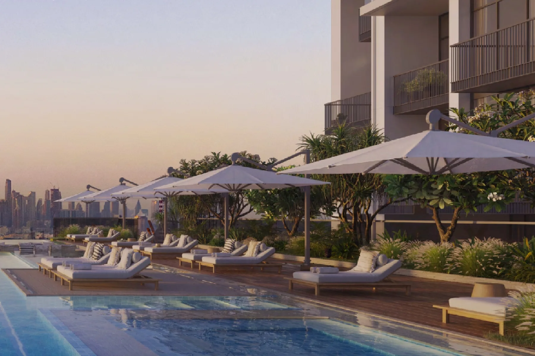 Infinity pool over the sea, Downtown in the distance
