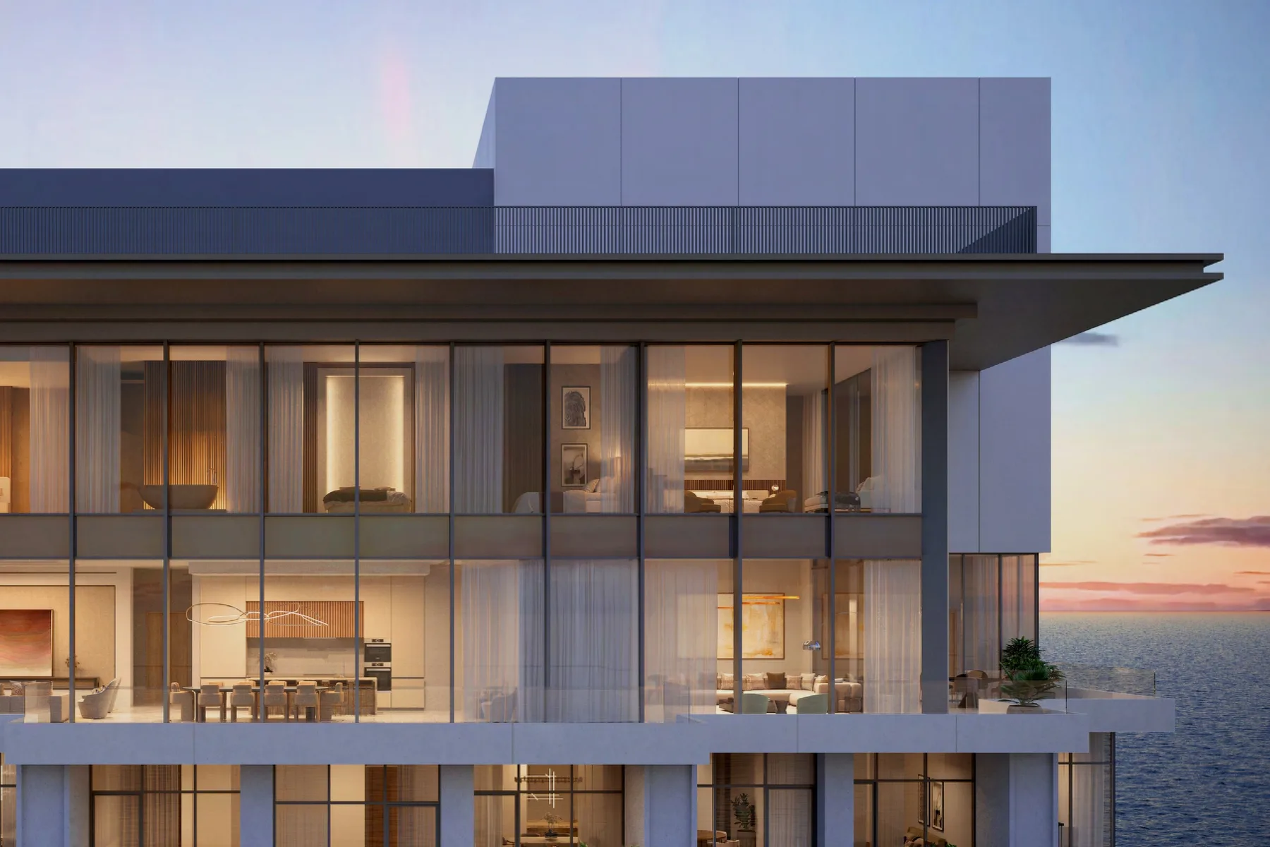 Seafront residences at dusk