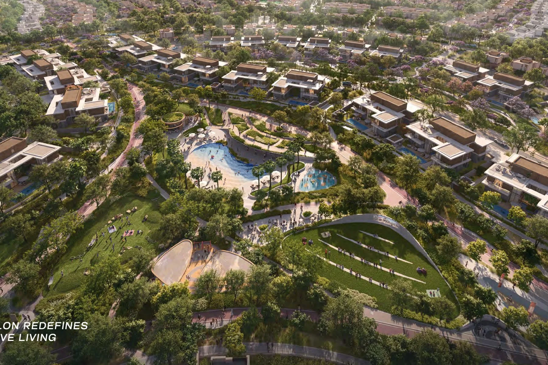 Aerial view of villas and parks