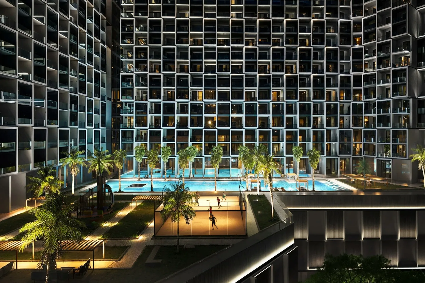 Courtyard and pool at night