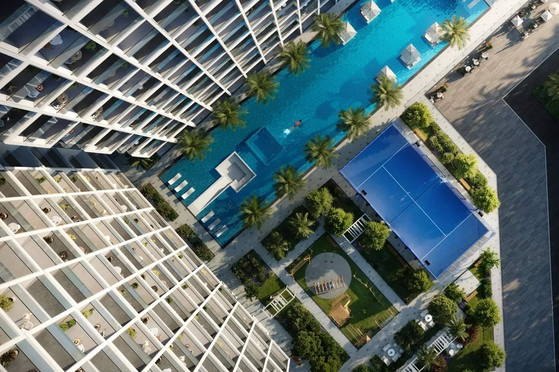 Pool, padel court and gardens from above