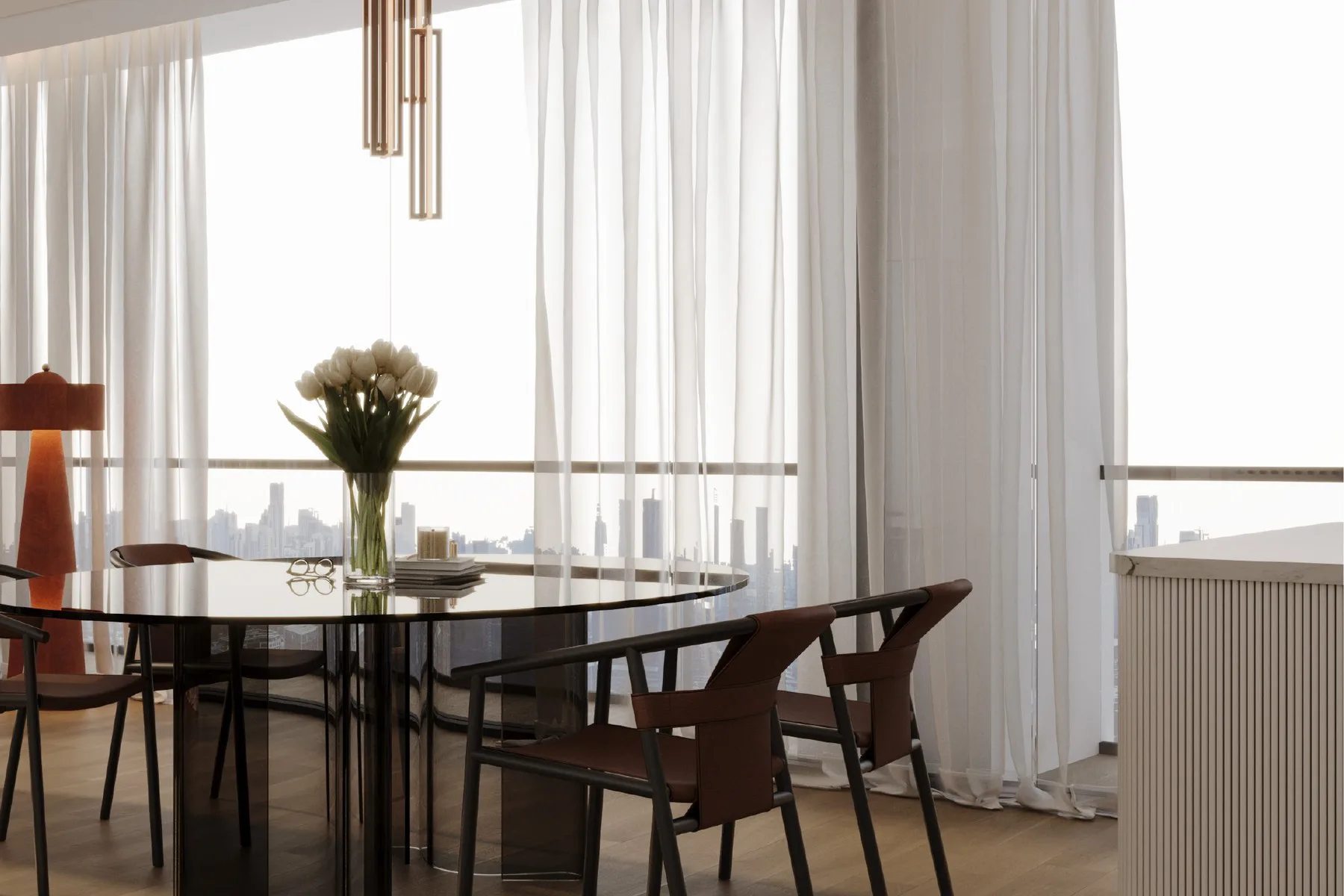 Dining area with skyline view