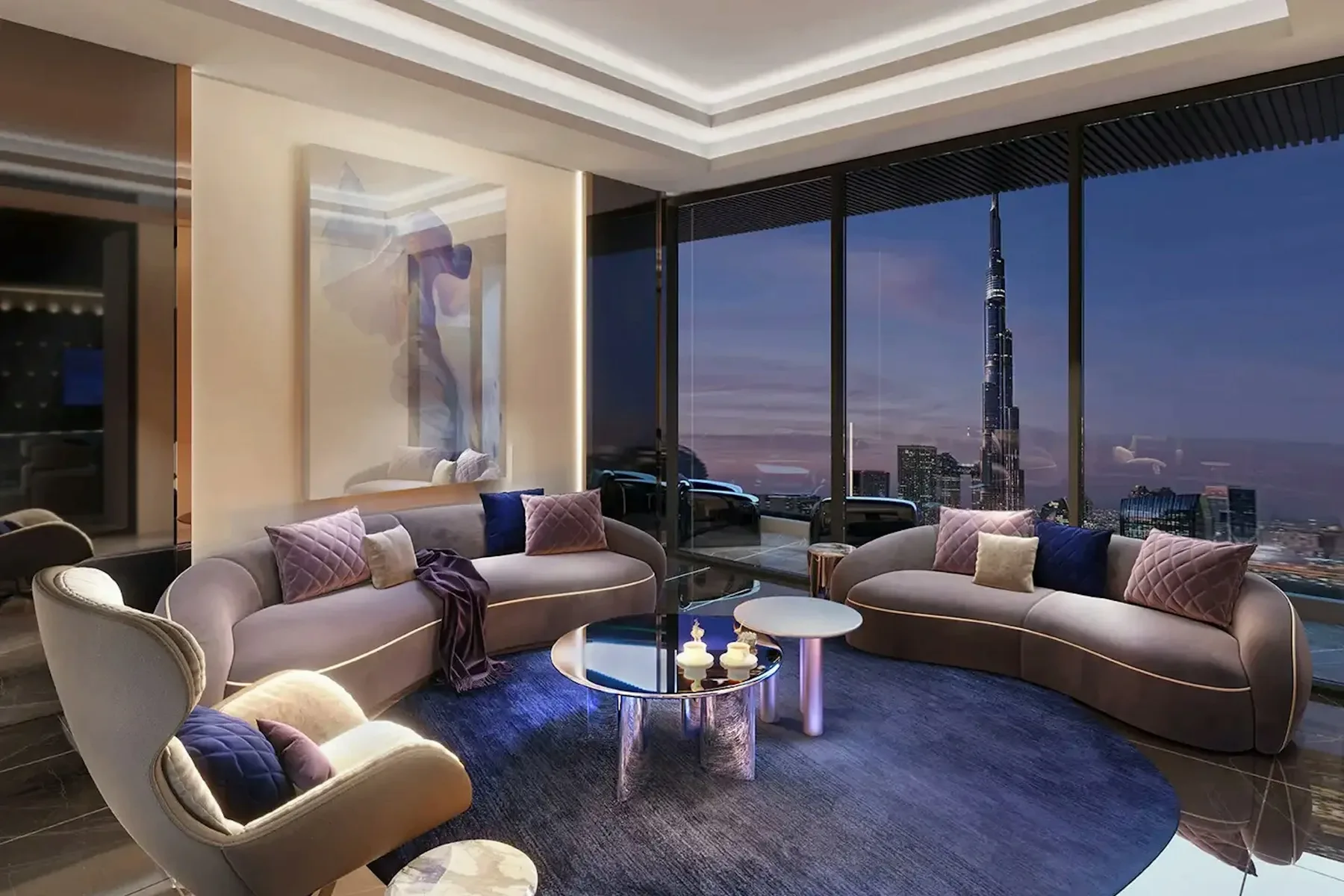 Salon at dusk, Burj Khalifa in the window