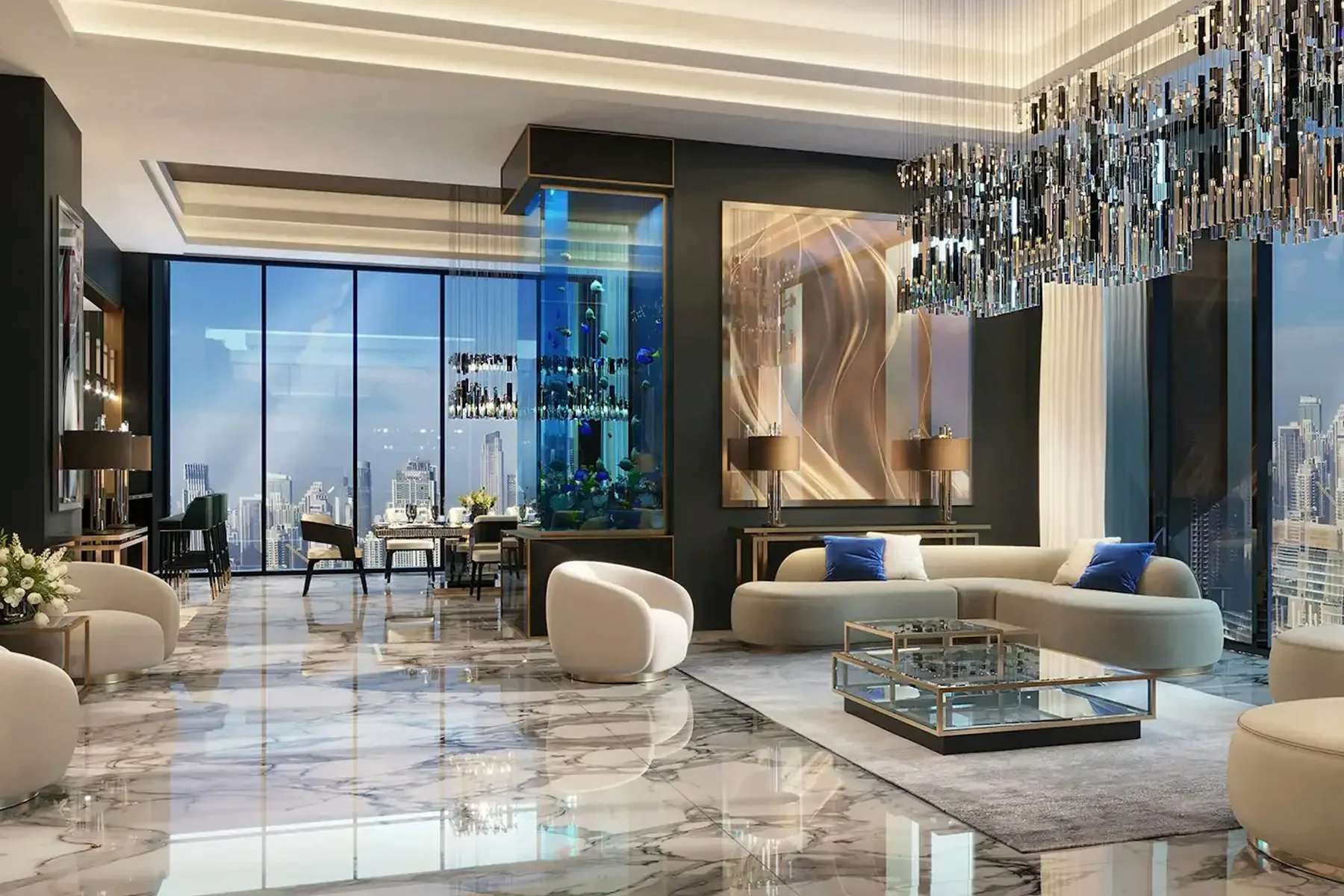 Living and dining area with skyline view