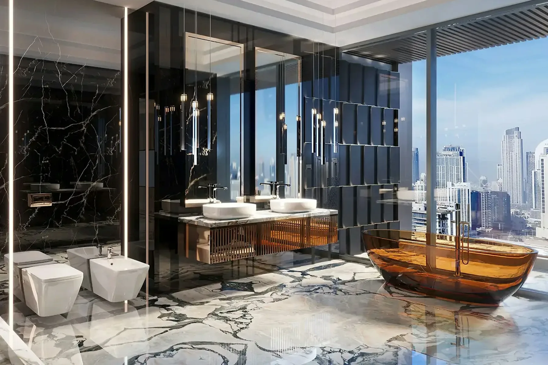 Marble bathroom with a freestanding tub