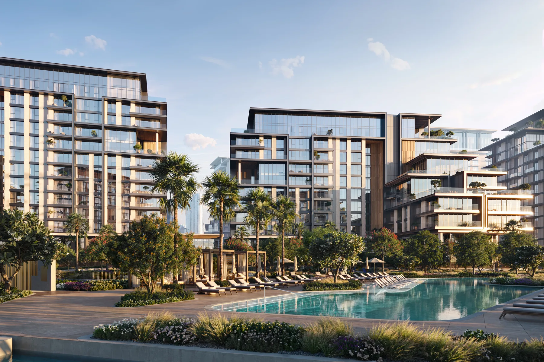 The buildings above the pool deck