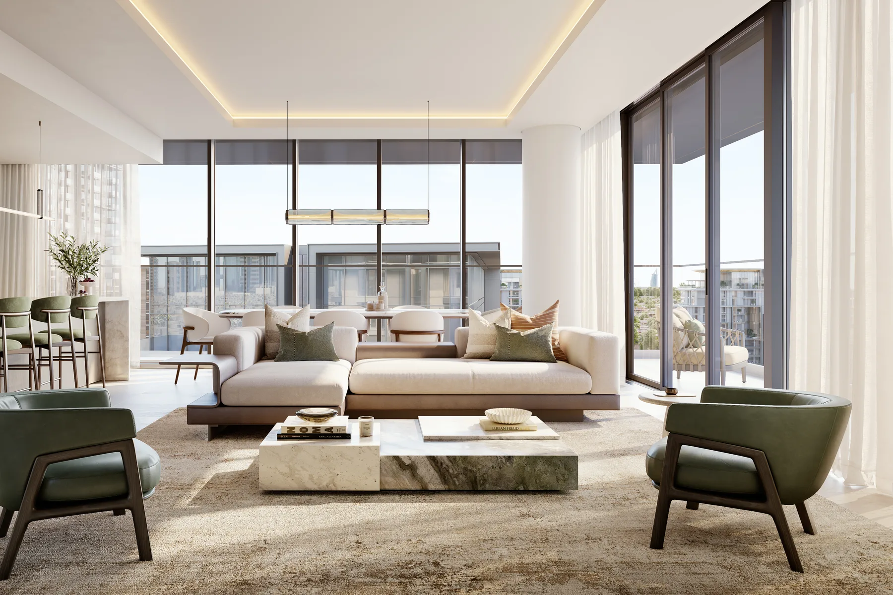 Living and dining area of a three-bedroom apartment