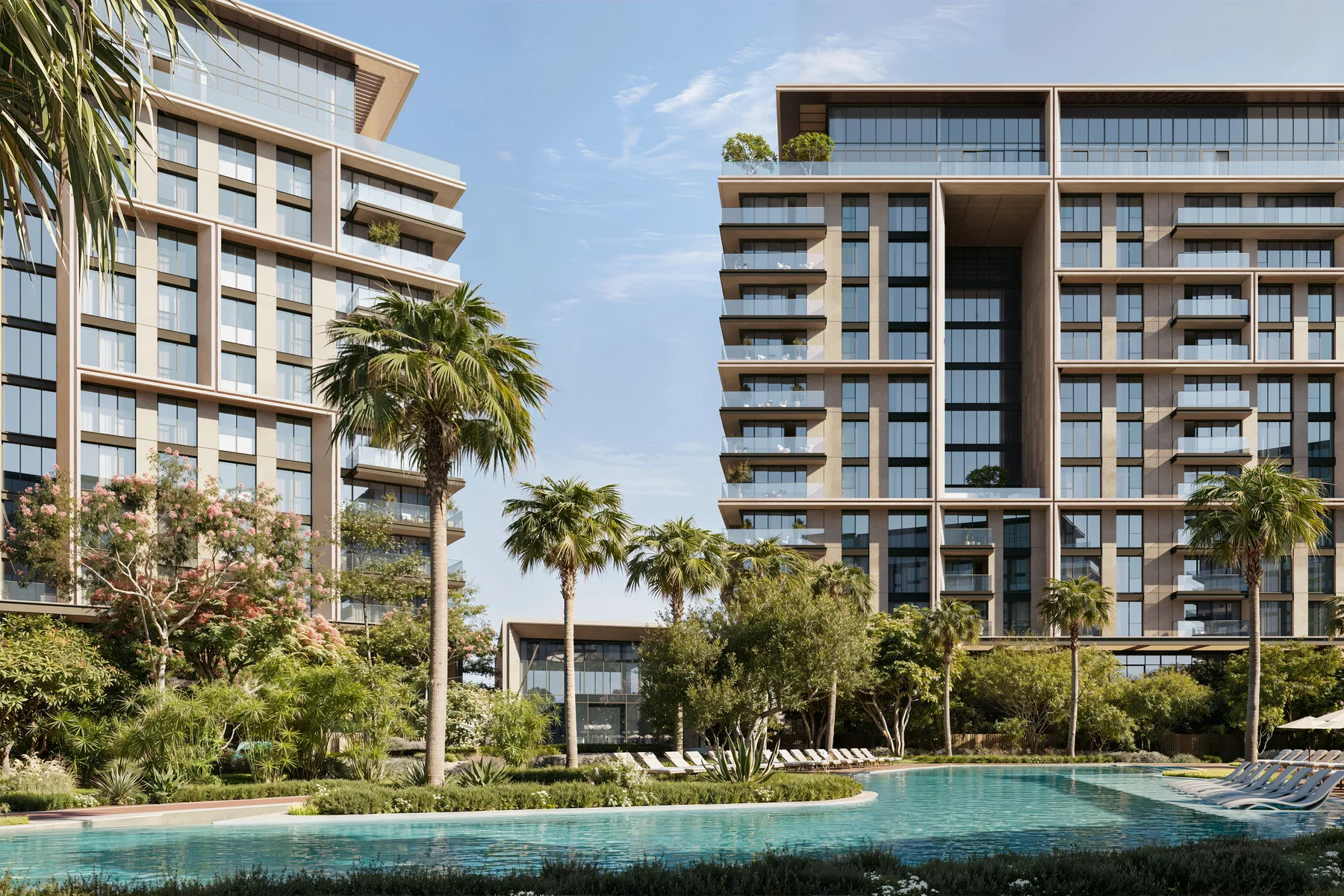 The buildings along the pool
