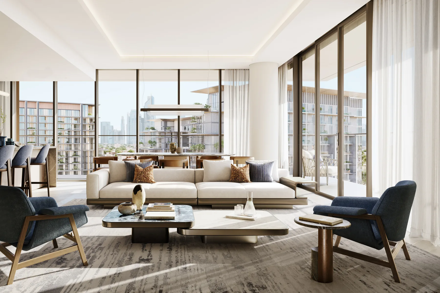 Living and dining area of a three-bedroom apartment