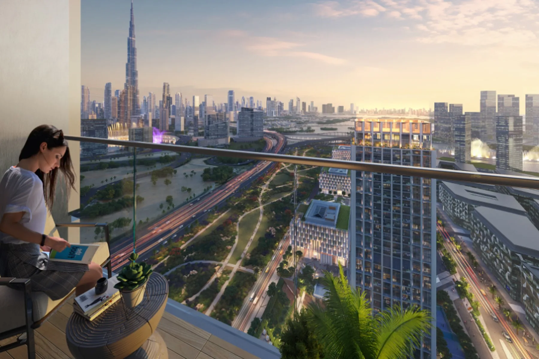 Balcony with Burj Khalifa and canal view