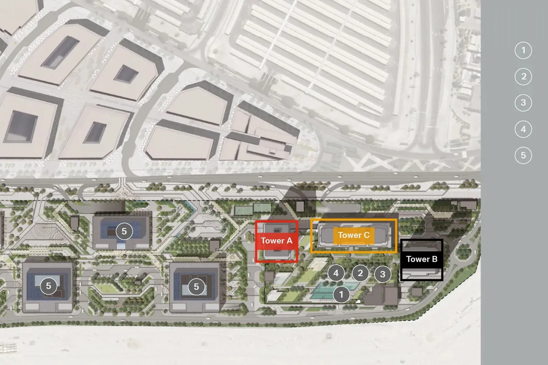 Master plan with amenity key (Tower A / Tower B)
