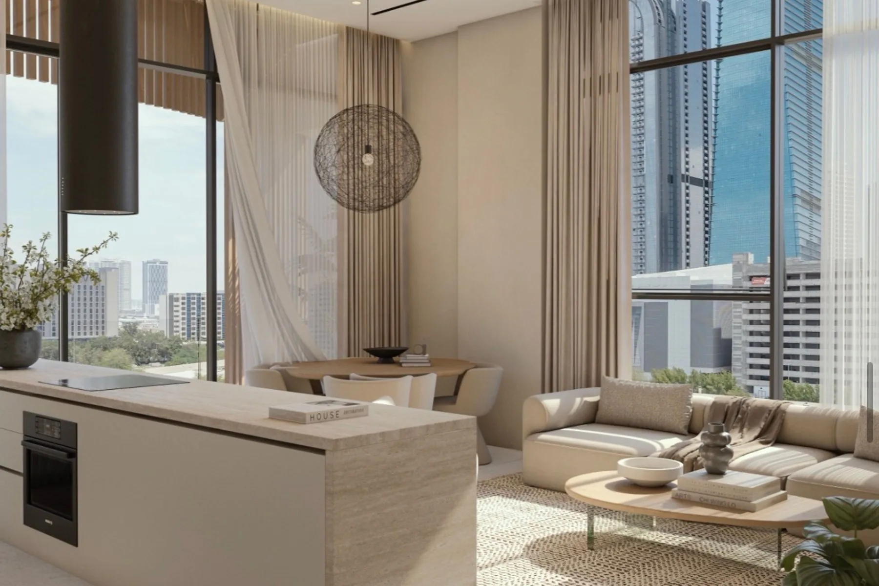 Living room and kitchen with skyline view