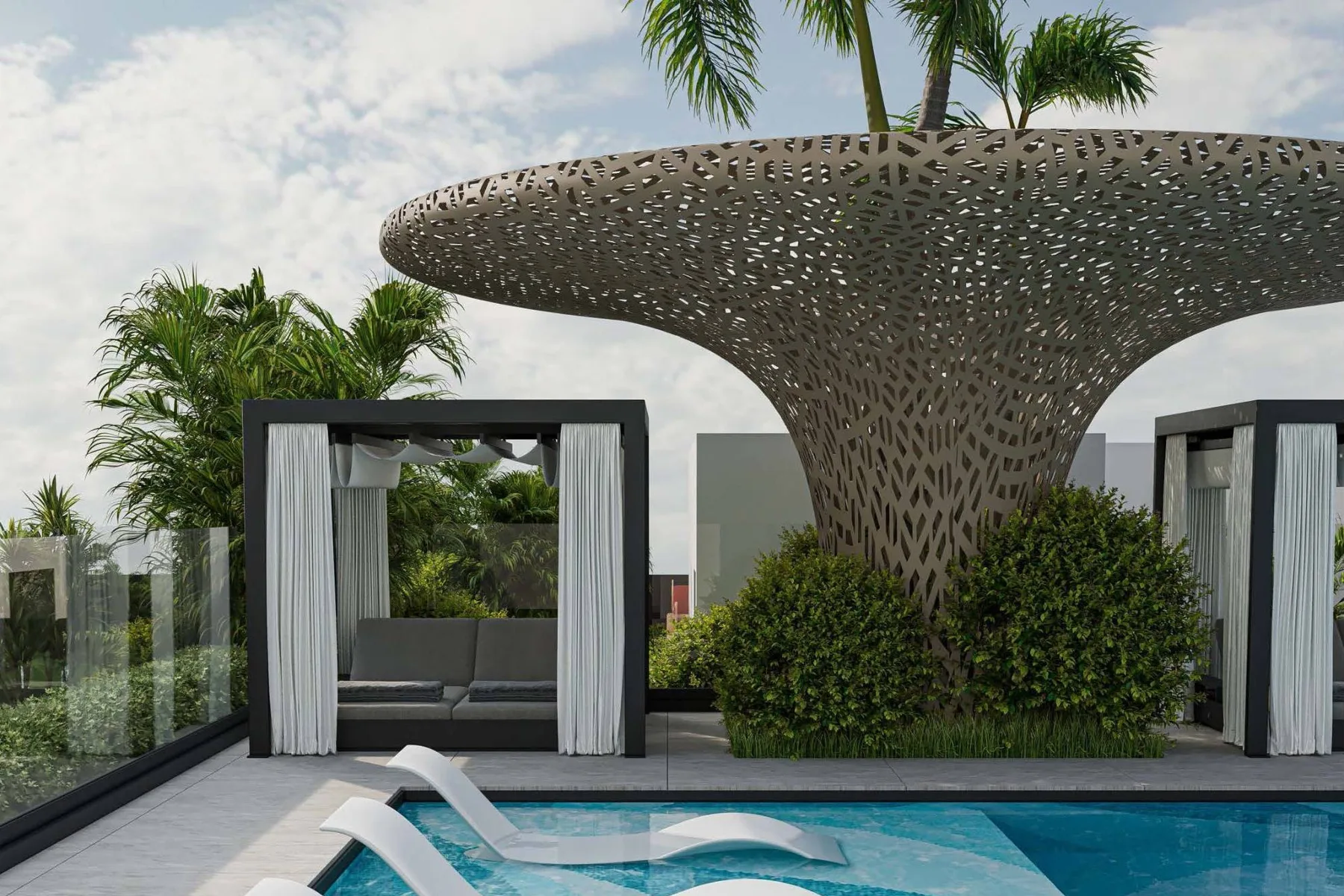 Pool cabanas and loungers