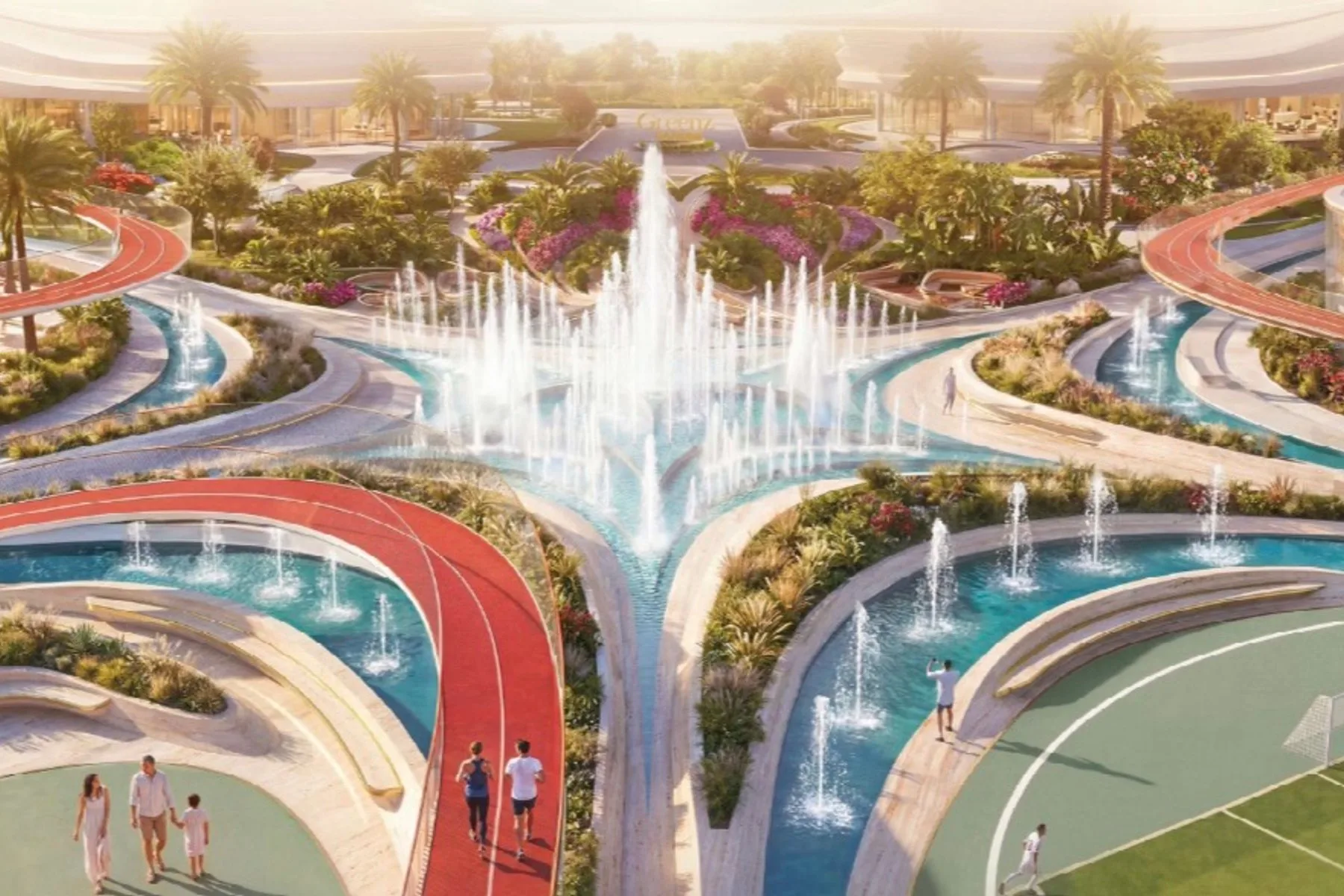 Water fountains and sports courts