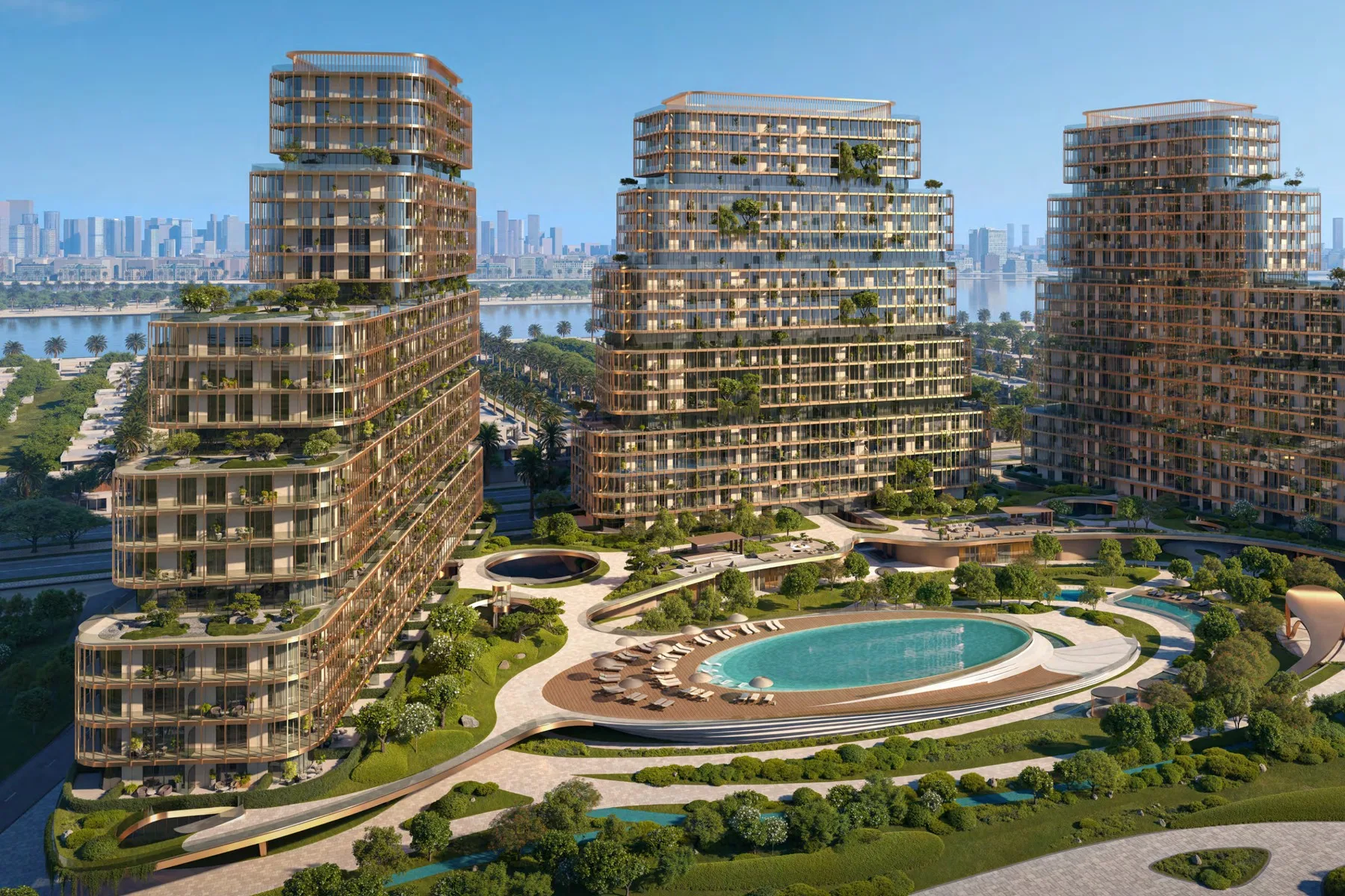 Exterior - the three towers and podium pool