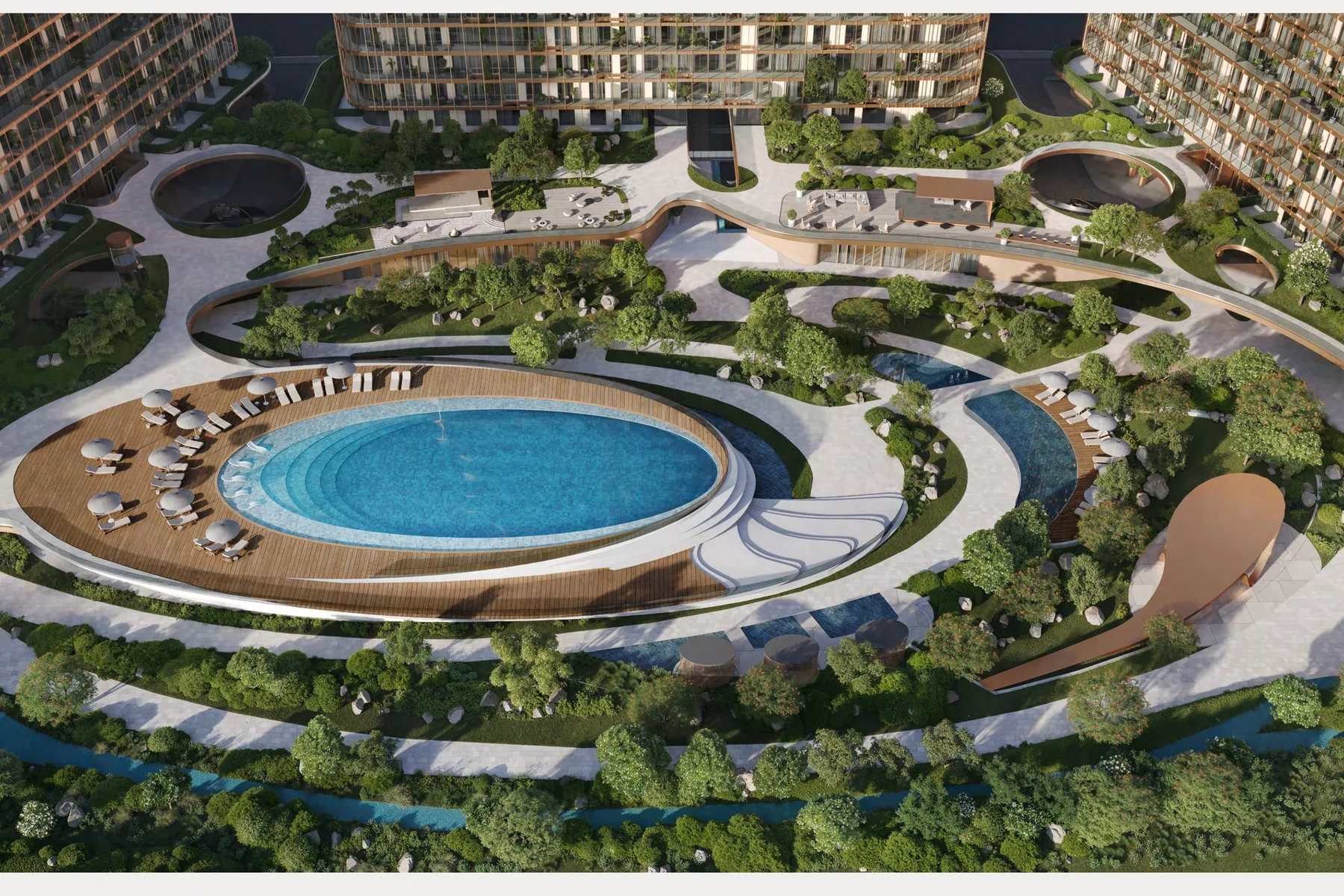 Podium landscape and pool, aerial