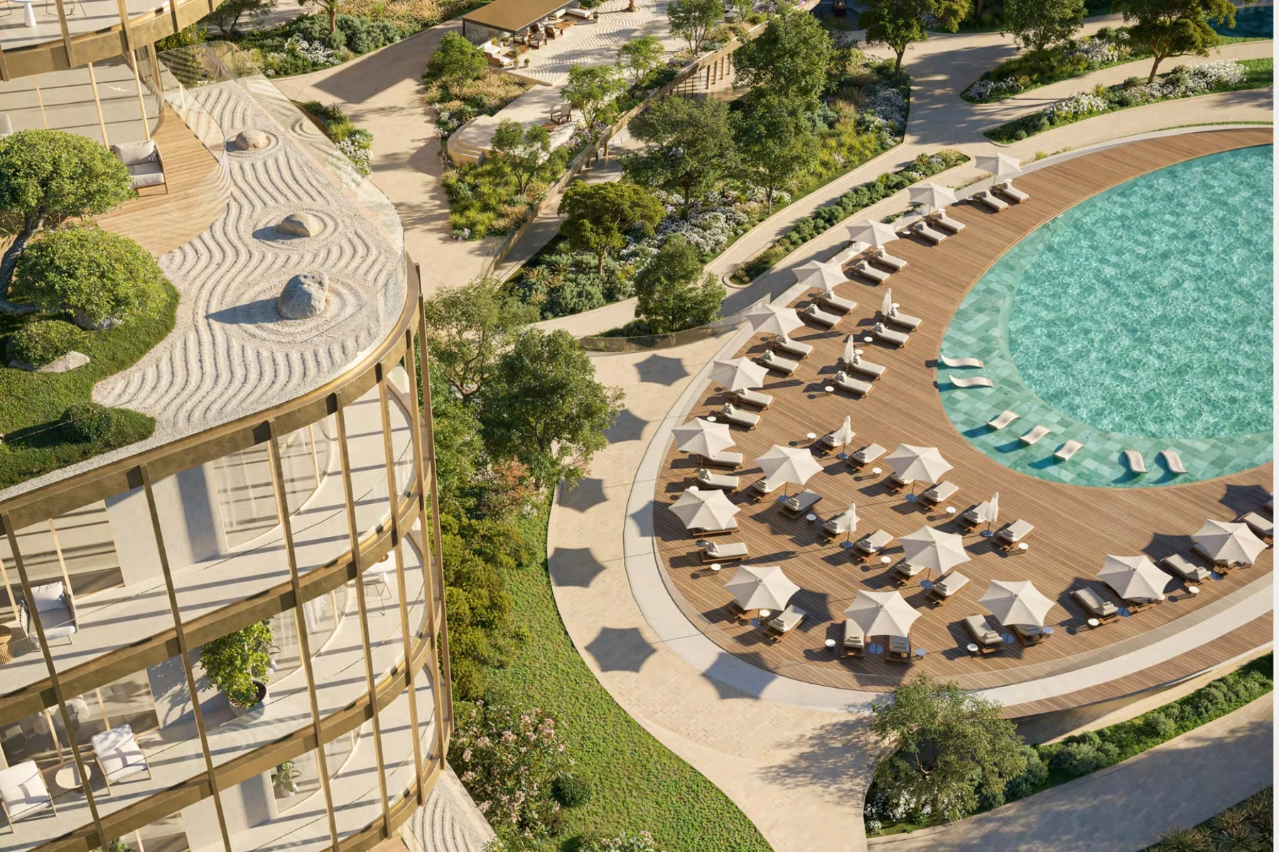 Pool deck and terraces, aerial