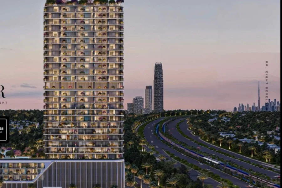 Tower above Jumeirah Village Triangle at dusk
