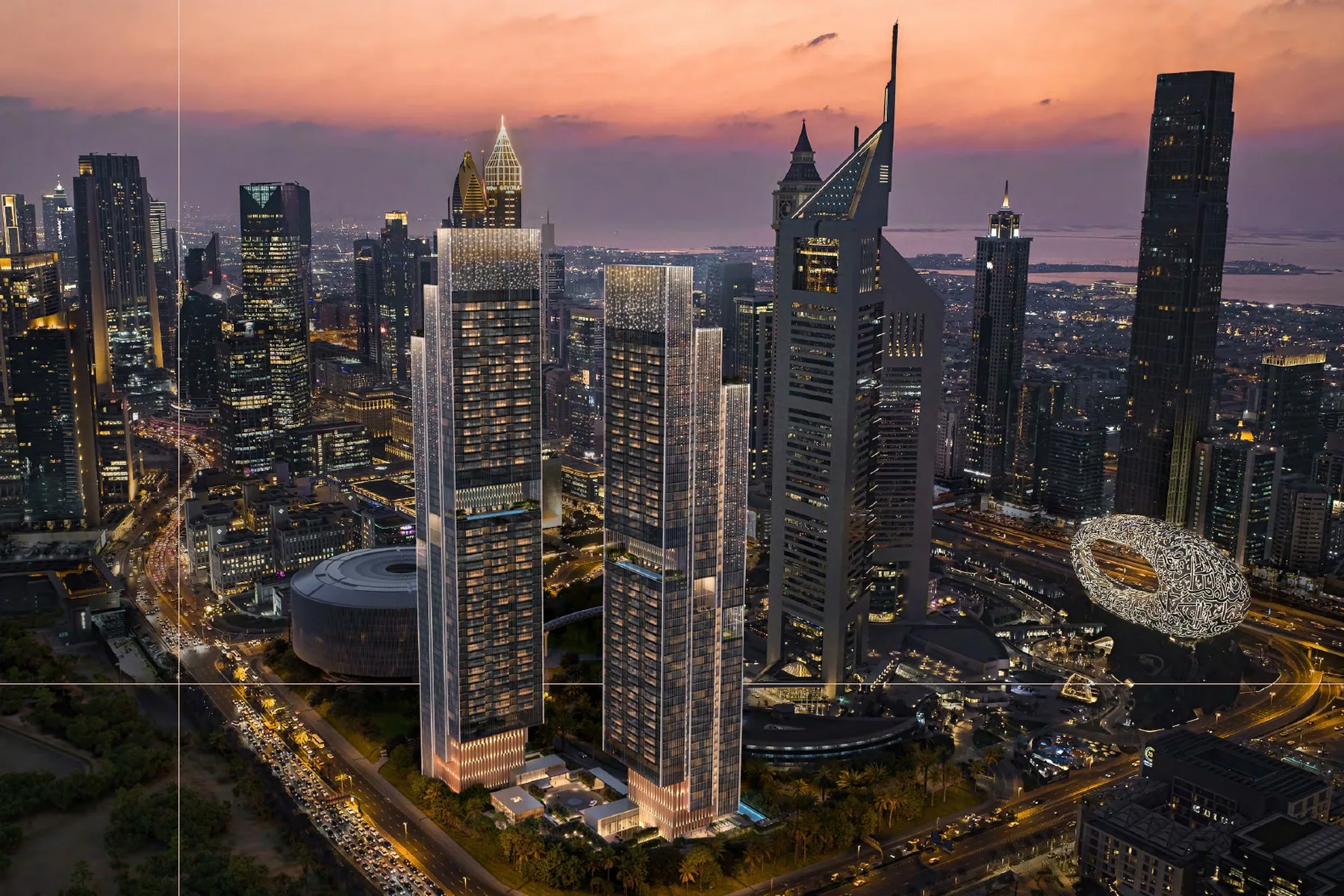 Aerial view with Museum of the Future and Sheikh Zayed Road