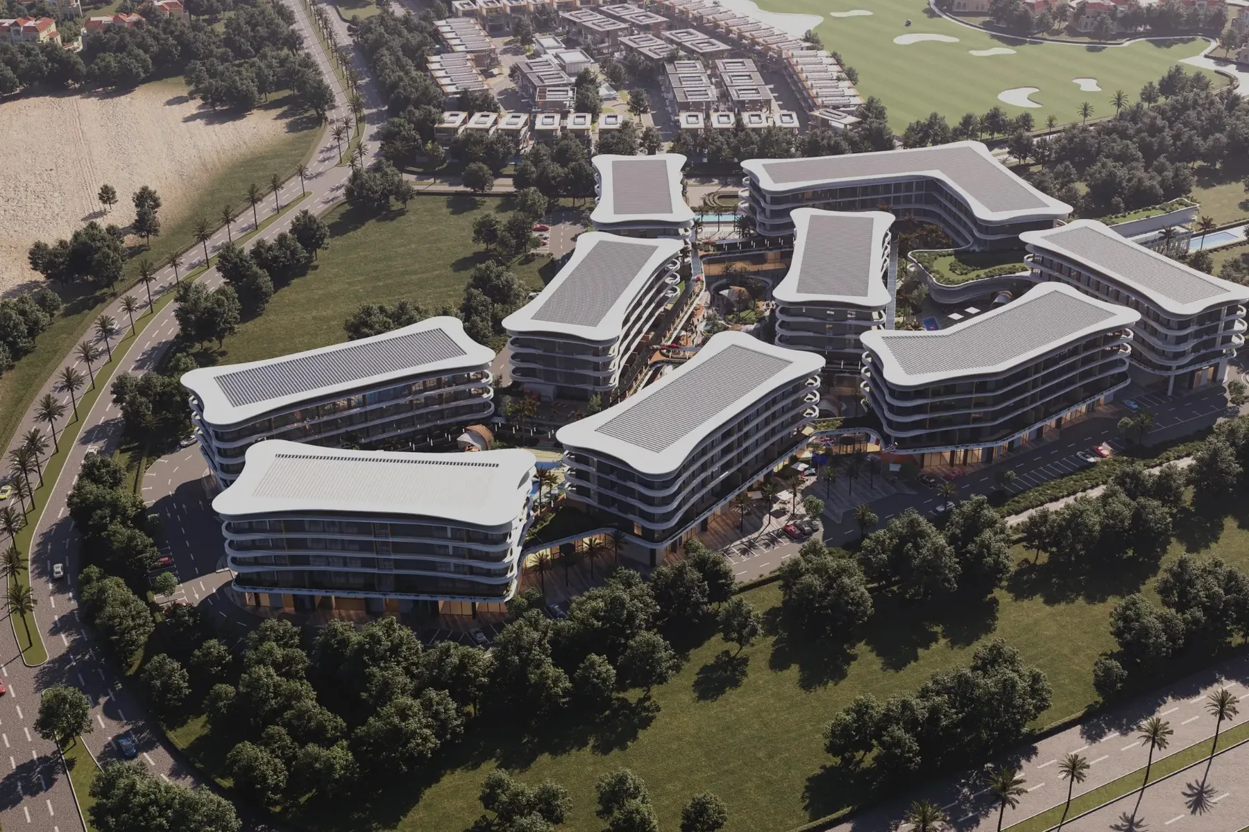 Nine low-rise buildings around the central podium