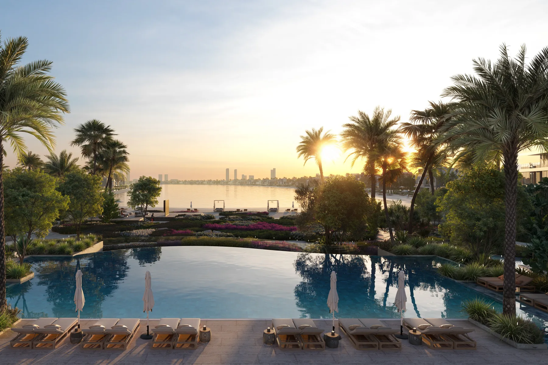 Pool deck at sunset
