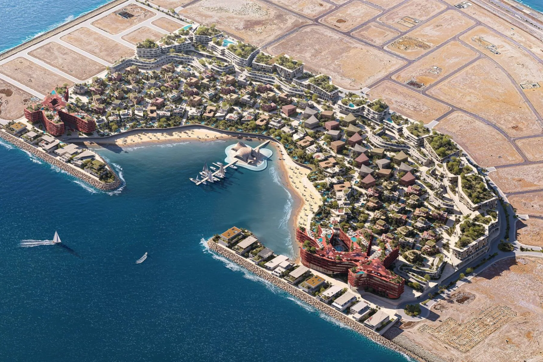 Mira Coral Bay from above: bay, beach and yacht club
