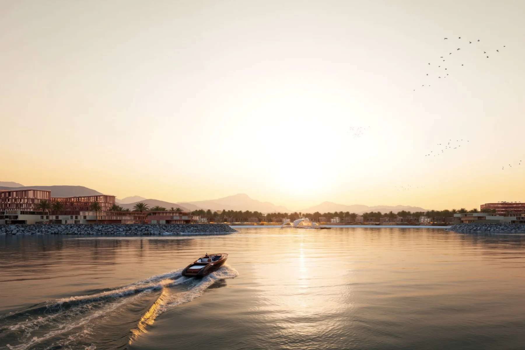 The bay at sunset, mountains behind