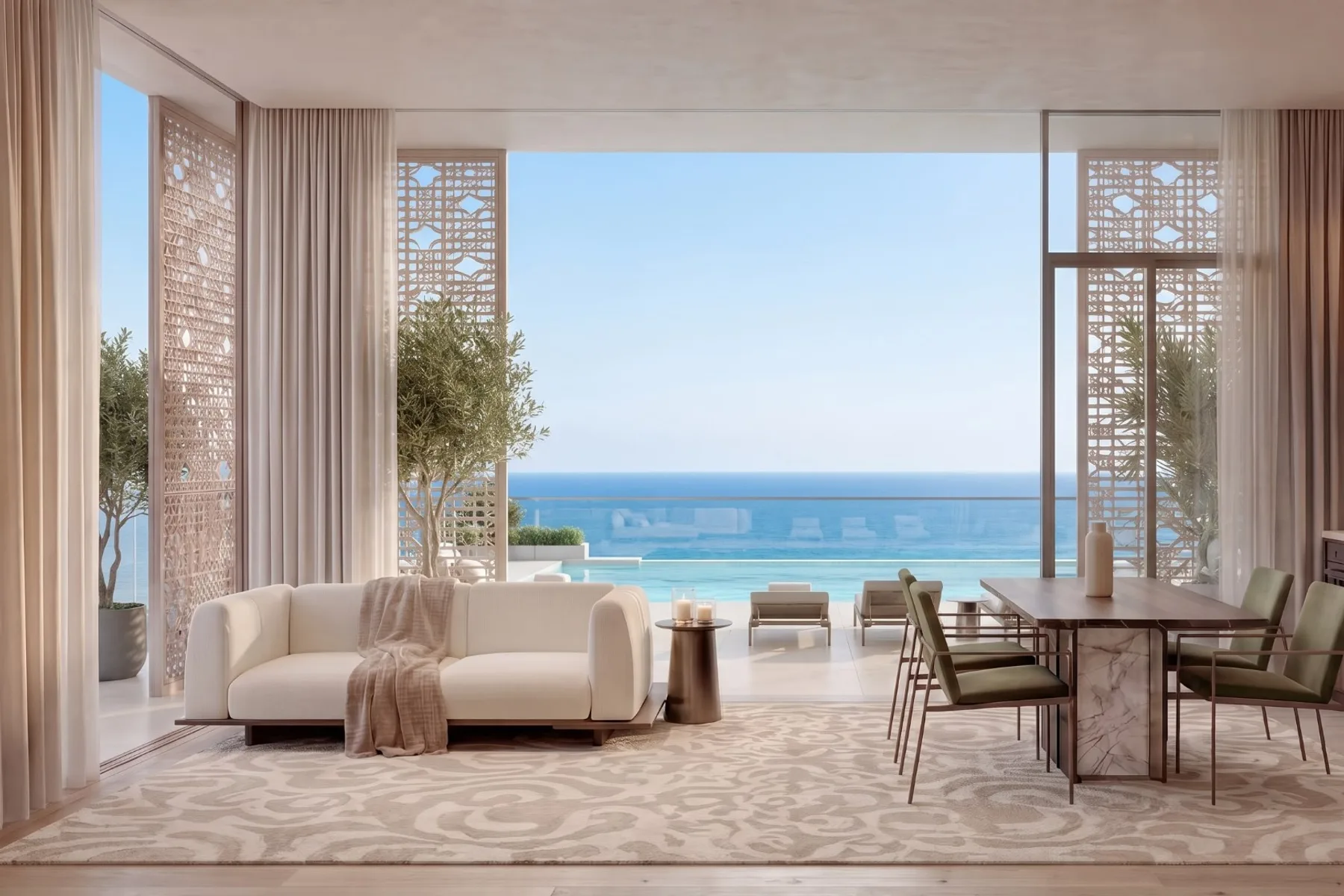 Living and dining area with terrace pool and sea view