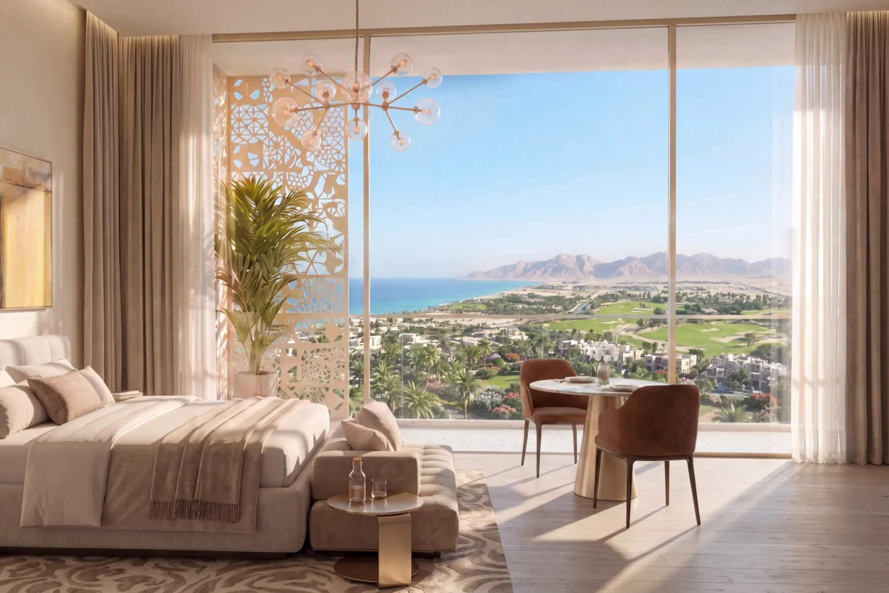 Bedroom with view over the coast and golf course