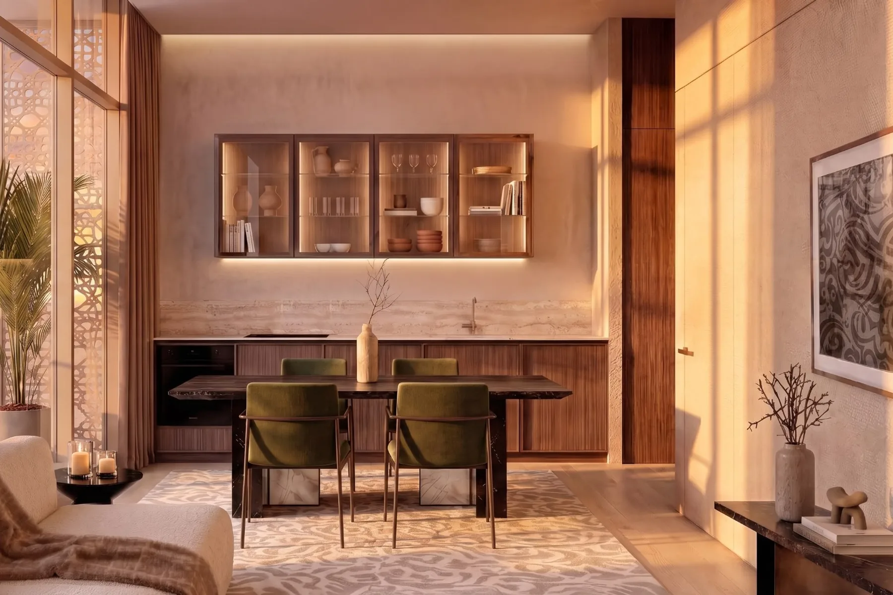 Kitchen and dining area at dusk