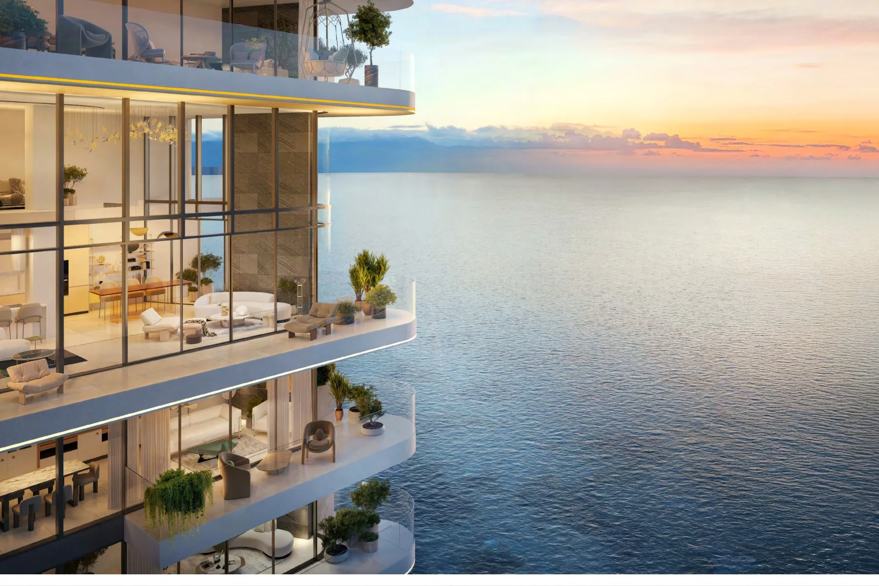 Facade and terraces at sunset