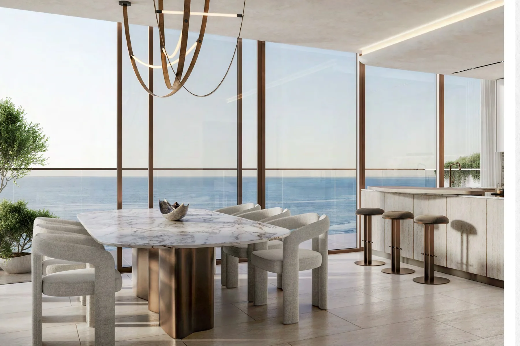 Dining and kitchen with sea view
