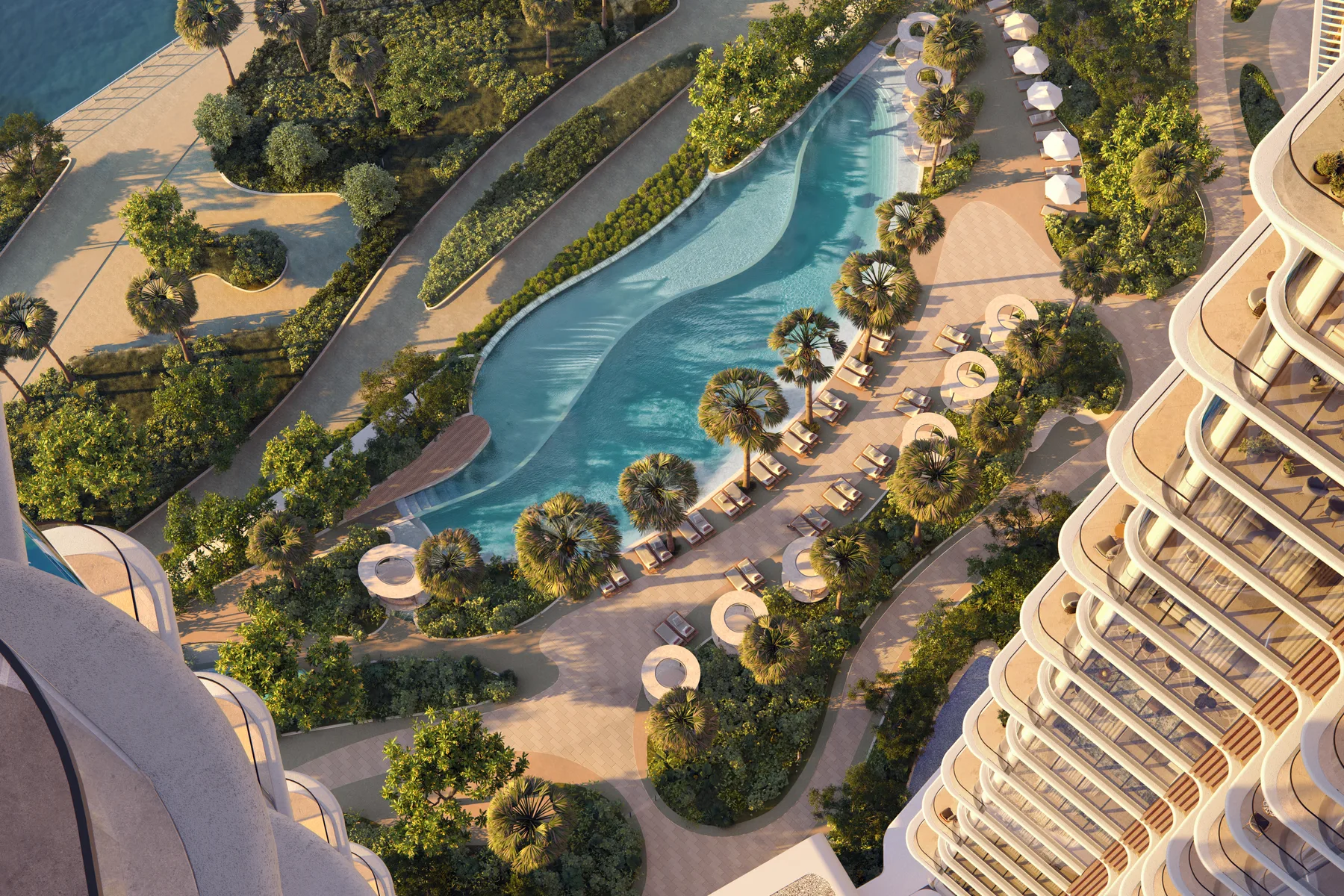 Pool deck and gardens from above