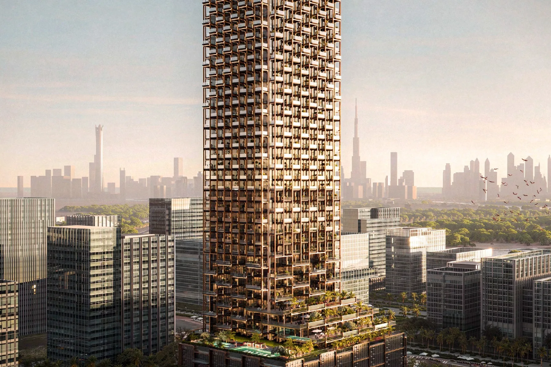 Exterior - tower and Meydan Horizon skyline