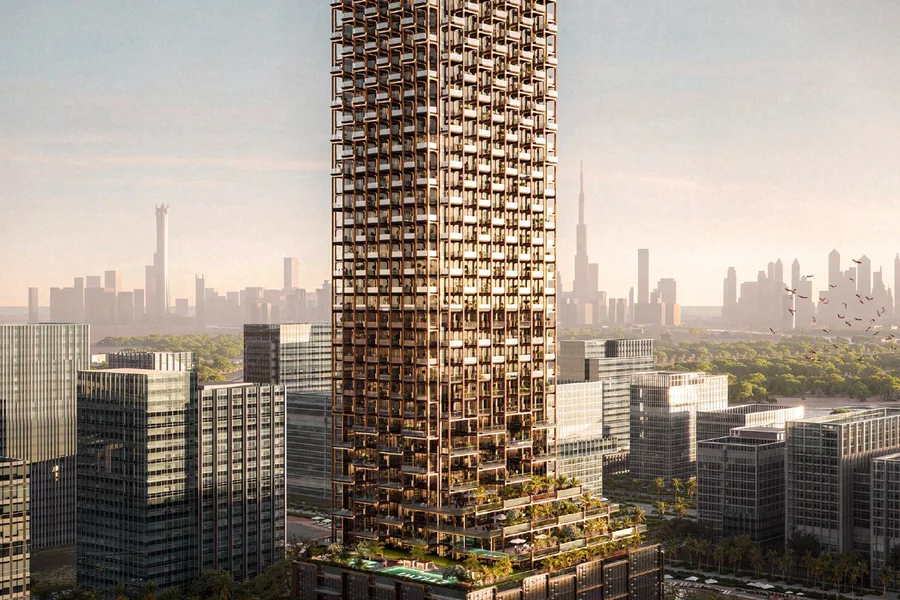 Exterior - tower and Meydan Horizon skyline