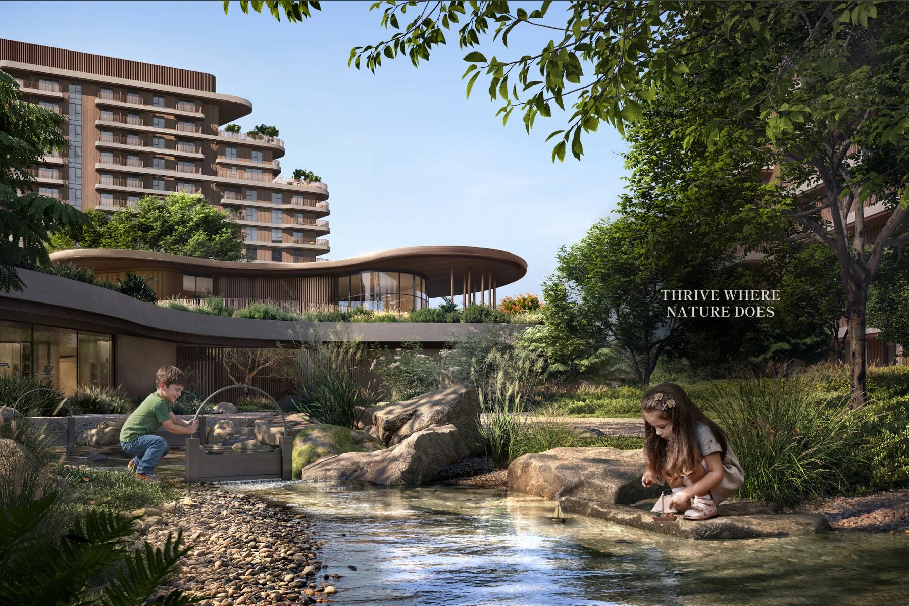 Buildings and stream landscape