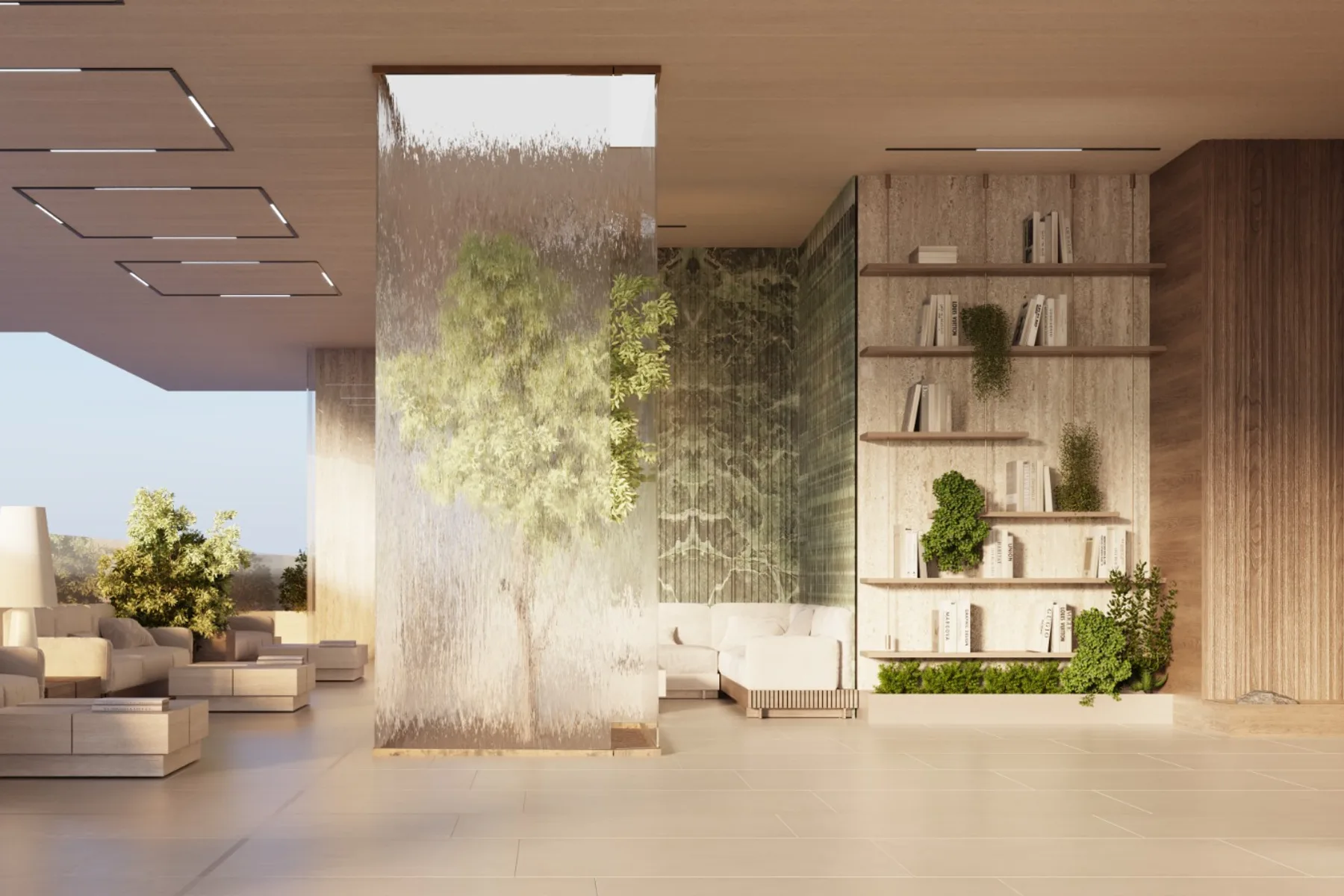 Residents' lounge with a water wall