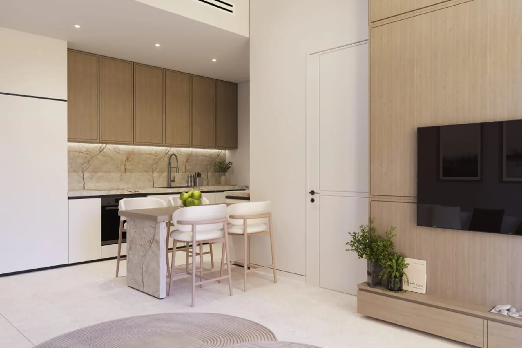 Kitchen and living area of a one-bedroom