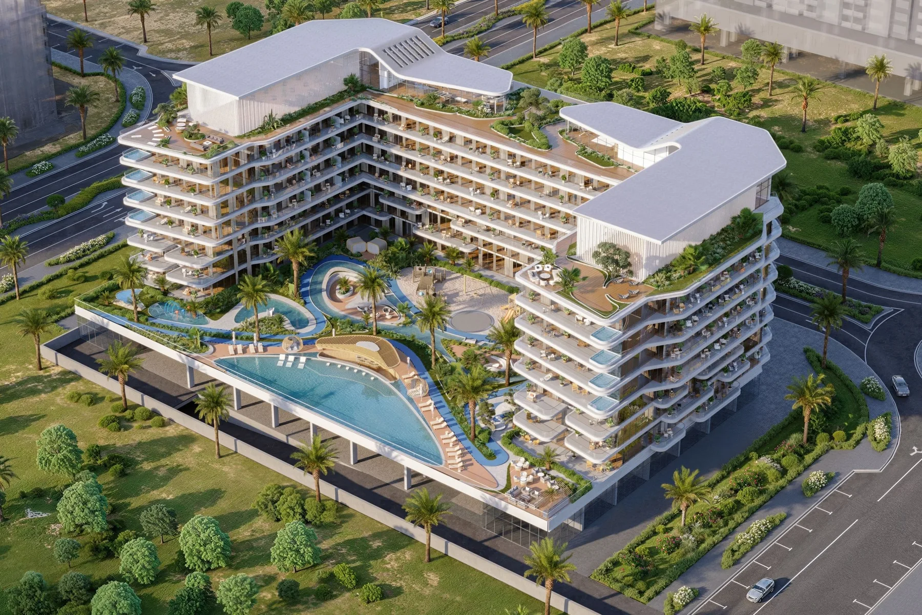Pool deck and lazy river from above