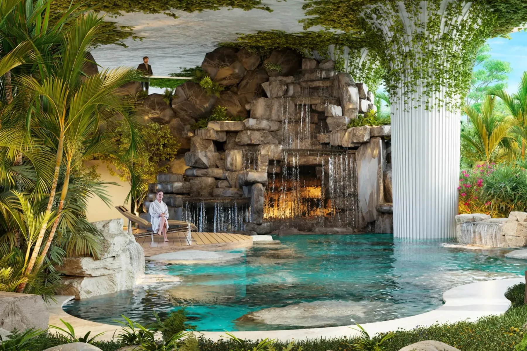 Waterfall grotto with swimming pool
