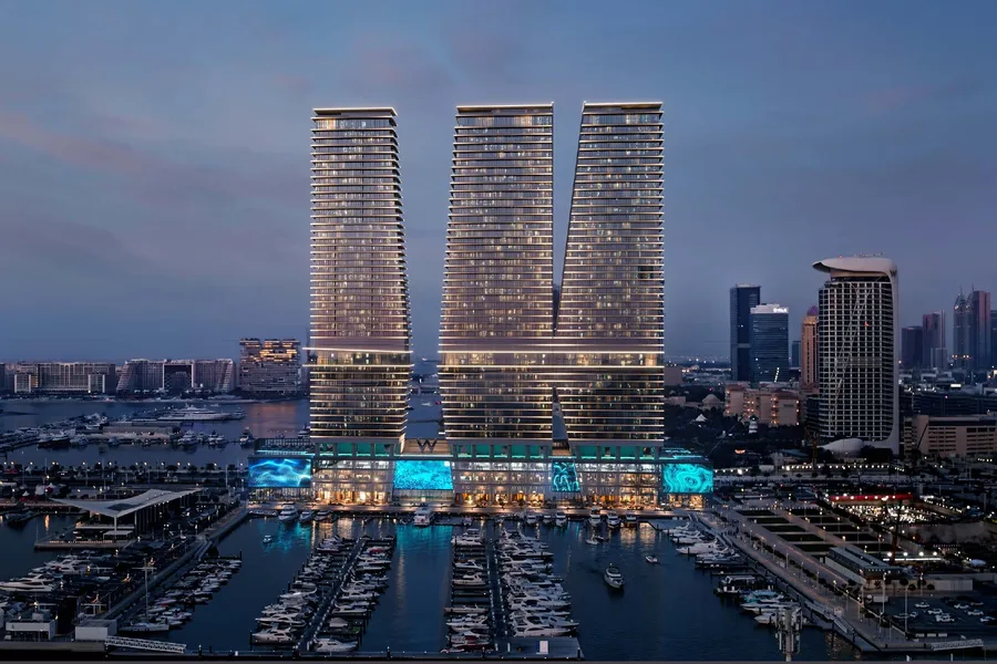 Three-tower complex and marina, aerial